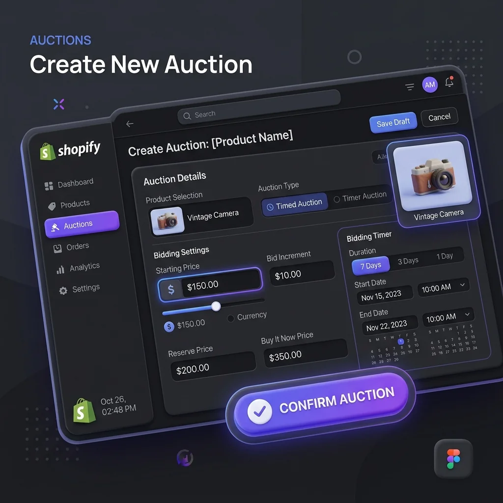 Create Auction Dashboard Mockup